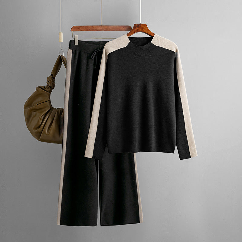 Neck Sweater Suit Autumn Winter Color Contrast Patchwork Cropped Pants Two Piece Suit