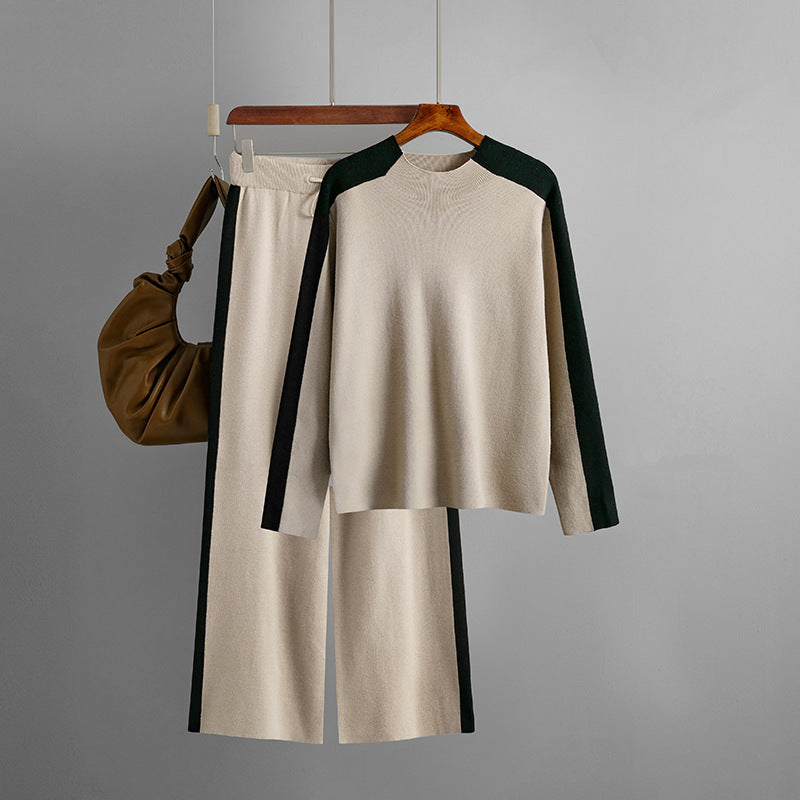 Neck Sweater Suit Autumn Winter Color Contrast Patchwork Cropped Pants Two Piece Suit