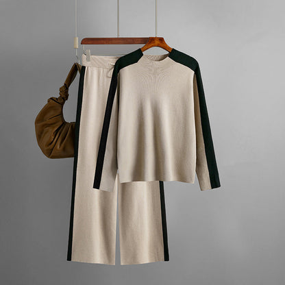 Neck Sweater Suit Autumn Winter Color Contrast Patchwork Cropped Pants Two Piece Suit