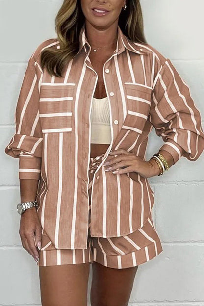 Stripe Print Lapel Long-sleeved Shirt and Elastic Waist Loose Shorts Set