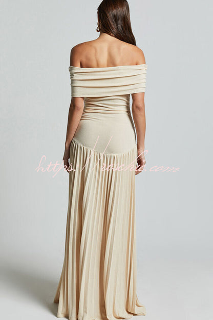 Off-shoulder Slim Fit Pleated Maxi Dress