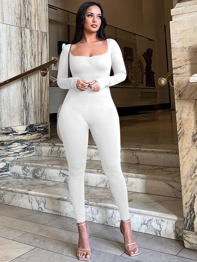 Winter Color Square Collar Pleated Long Sleeve Slim Fit Sports Yoga Jumpsuit