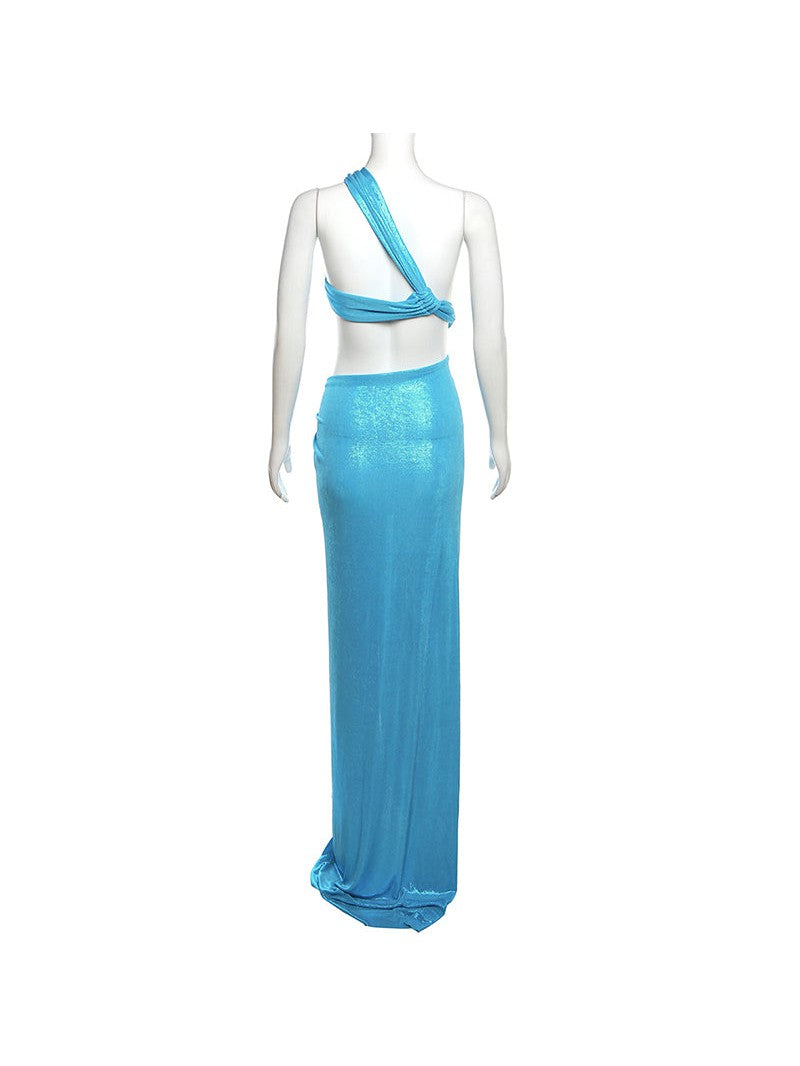 Oblique Shoulder Sheath High Slit Maxi Dress