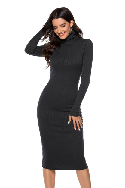 Autumn Winter Clothing Color Base Sweater Long Sleeve Stretch Slim Turtleneck Knitting Dress