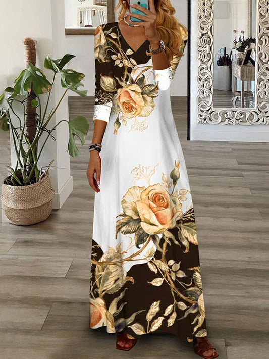 Loose Wrap Contrast Color Flower Print V-neck Maxi Dresses