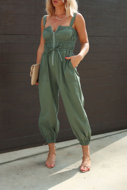 Spring Summer Jumpsuit Washed Cotton Double Pocket Sling Waist Tight Ankle Tied Trousers