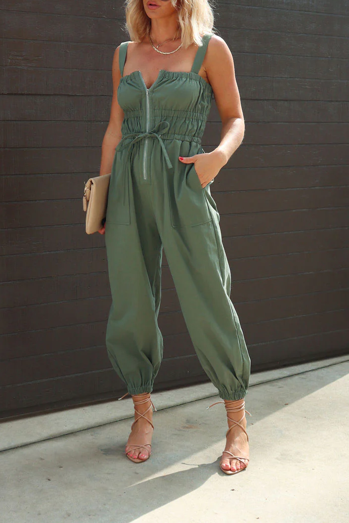 Spring Summer Jumpsuit Washed Cotton Double Pocket Sling Waist Tight Ankle Tied Trousers