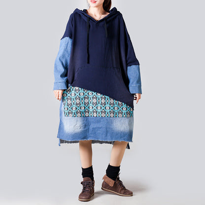 Patchwork Hooded Sweater Mid Length Retro Slimming Printed Pullover