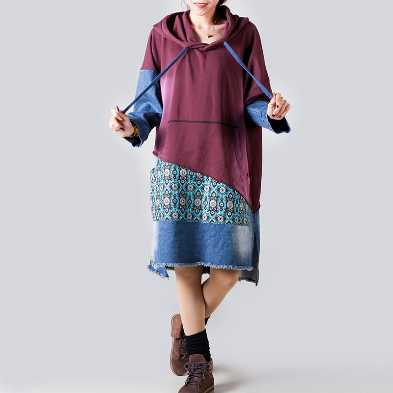 Patchwork Hooded Sweater Mid Length Retro Slimming Printed Pullover