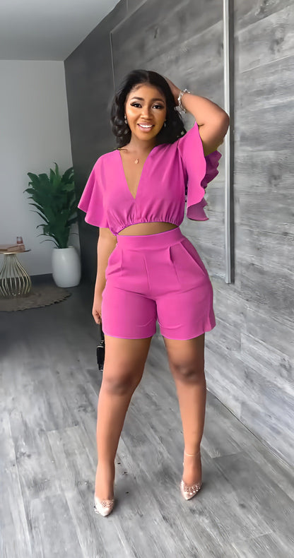 Ruffled Short V Neck Top Shorts Summer Two Piece Set