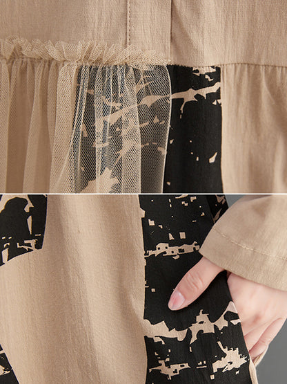 Long Sleeves Loose Contrast Color Split-joint Lapel Collar Midi Dresses