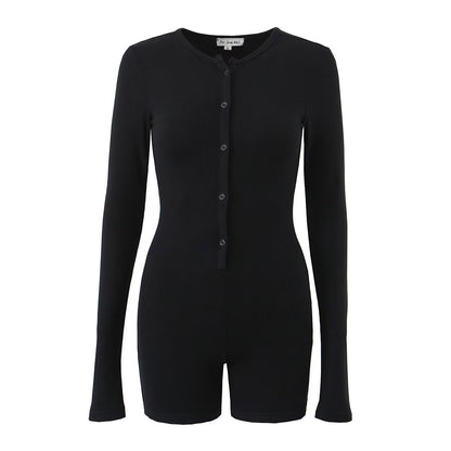 Round Neck Breasted Jumpsuit Spring Holiday Slim Elastic Jumpsuit Short