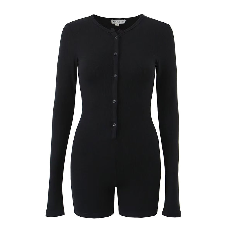 Round Neck Breasted Jumpsuit Spring Holiday Slim Elastic Jumpsuit Short