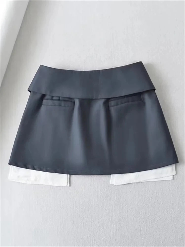 New Mini Skirt for High Waist Gray Pleated Skirt A-line Turn-down Shorts Y2k Skirt With Pockets