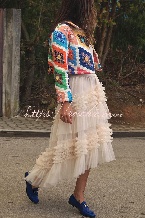 Mood Tulle Pleated Ruffle Elastic Waist Tiered Midi Skirt