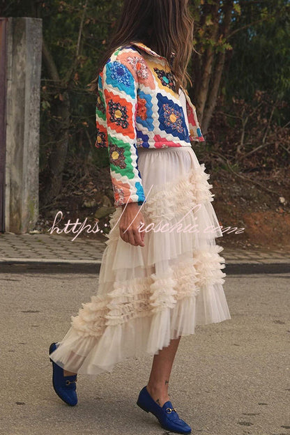 Mood Tulle Pleated Ruffle Elastic Waist Tiered Midi Skirt