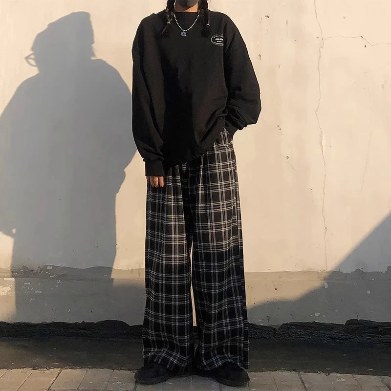 Oversize Pants Sweatpants Summer Black Plaid Pants Elastic Waist Pockets Student Trousers