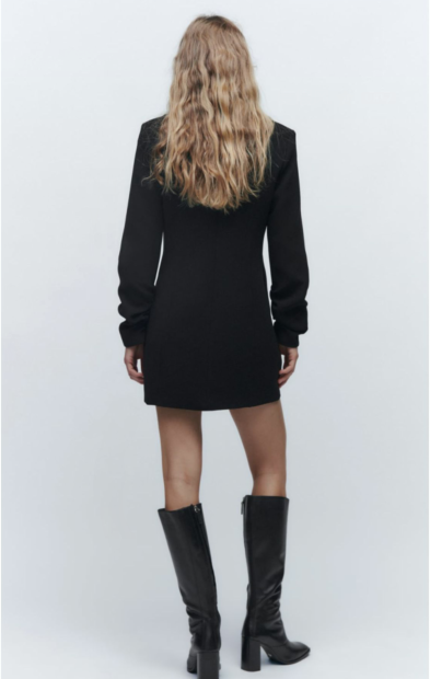 Spring Belt Padded Shoulder V Neck Long Sleeve Mini Dress