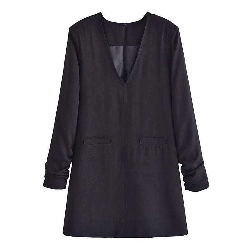 Spring Belt Padded Shoulder V Neck Long Sleeve Mini Dress