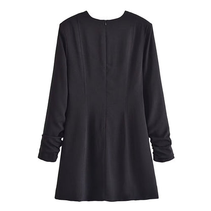 Spring Belt Padded Shoulder V Neck Long Sleeve Mini Dress