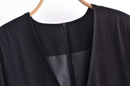 Spring Belt Padded Shoulder V Neck Long Sleeve Mini Dress