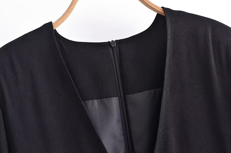 Spring Belt Padded Shoulder V Neck Long Sleeve Mini Dress