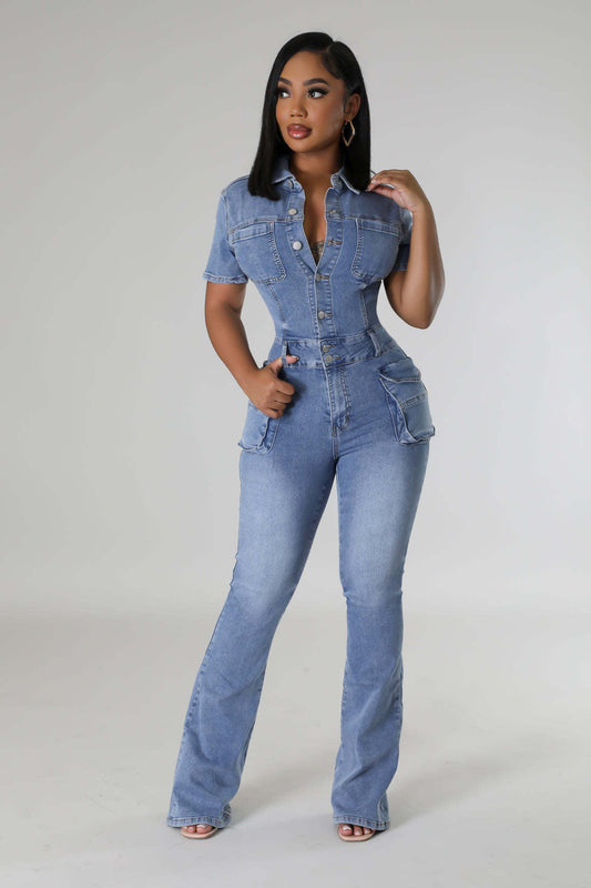 Waist Slim Elastic Fried Wash Denim Jumpsuit Jumpsuit Bell Bottom Pants