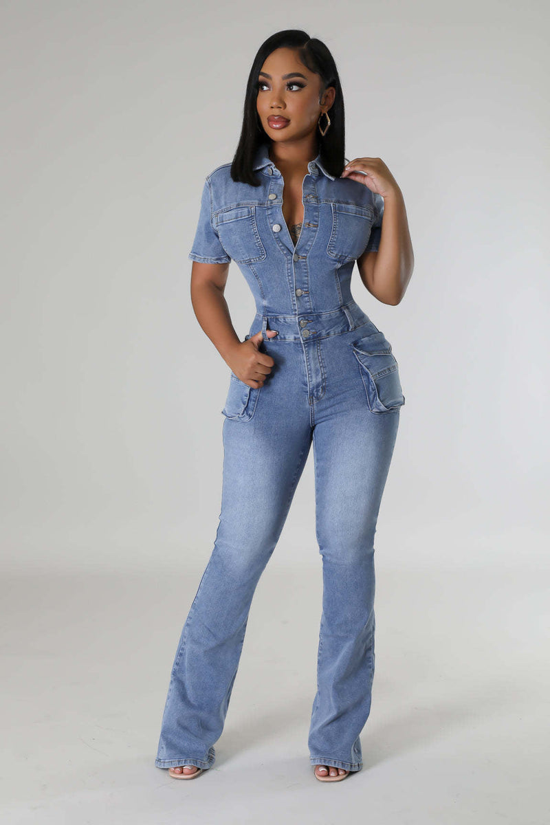 Waist Slim Elastic Fried Wash Denim Jumpsuit Jumpsuit Bell Bottom Pants