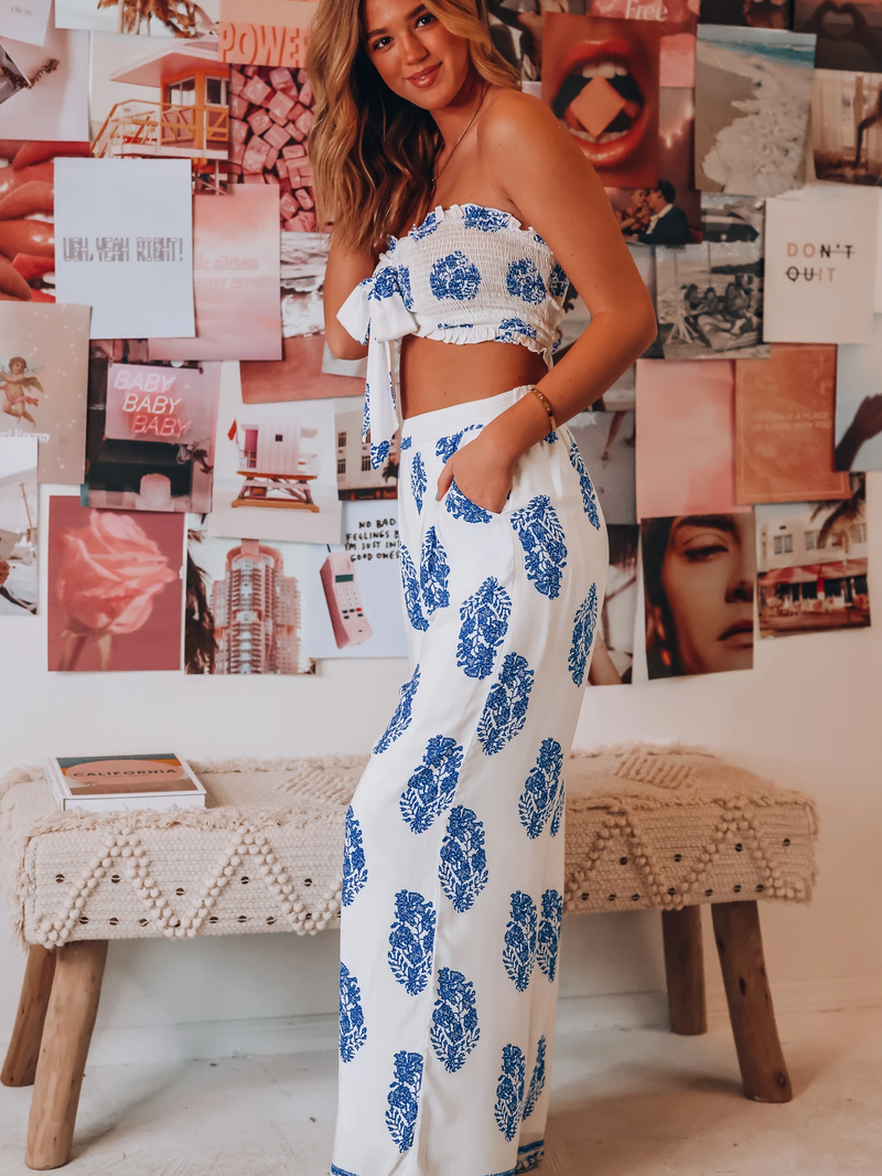 Bandeau Top Two Piece Bow Tank Top Printed Wide Leg Pants Coord Set