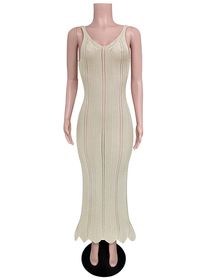 Skinny Sleeveless Backless Hollow See-through Color Split-joint Wide Straps Maxi Dresses