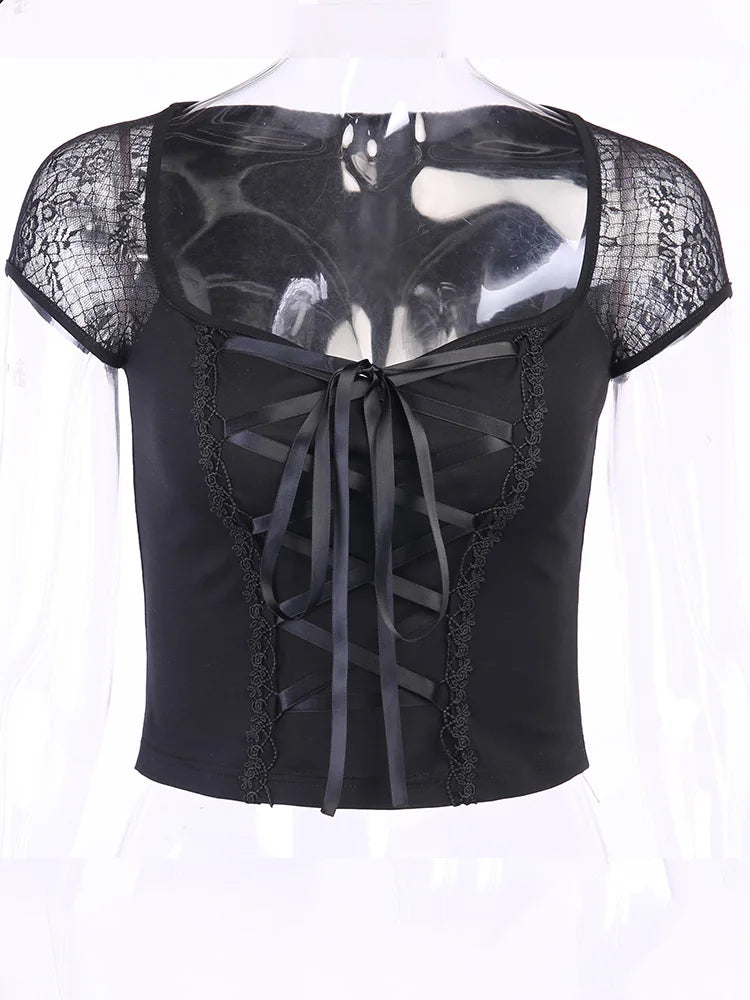 Tops Goth T-shirt Bodycon Bandage Lace Black T-shirts Gothic Female Top Mesh Tee