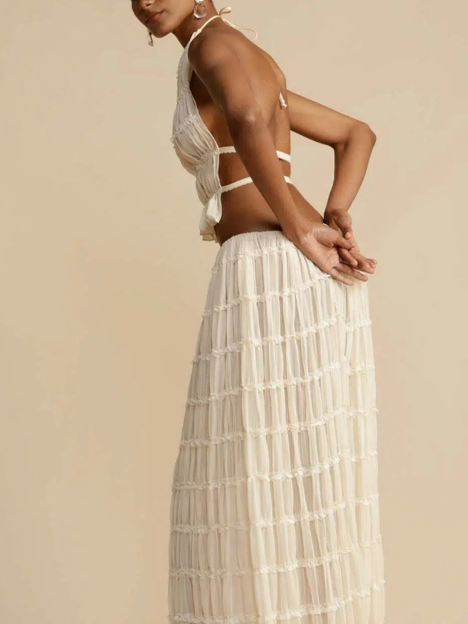 Versatility and Charm Pleated Drawstring Waist Tiered Maxi Skirt