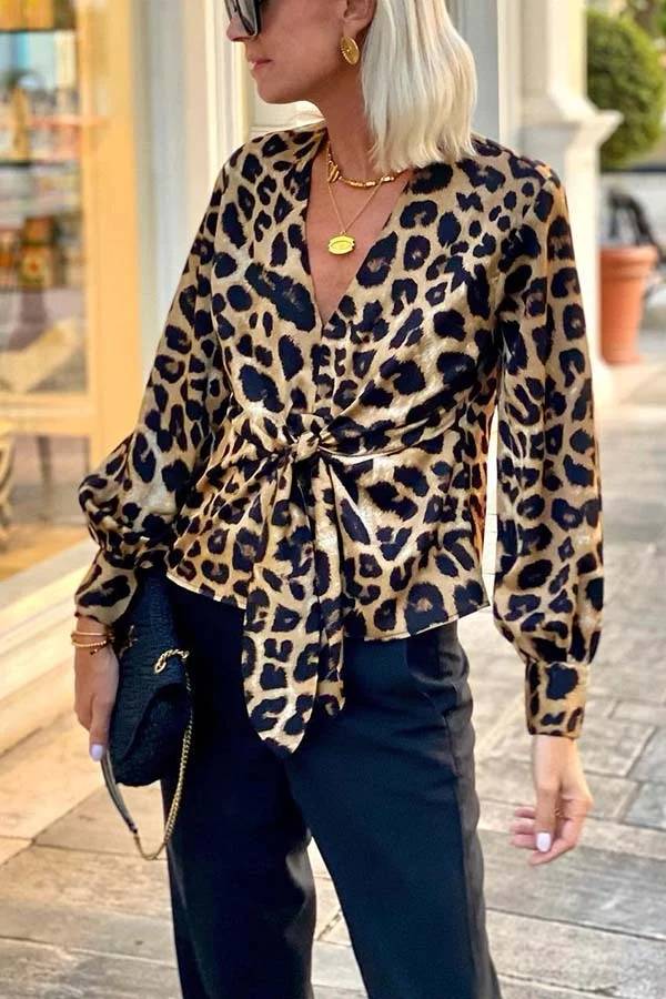 Janae Leopard Print Front Tie-up Lantern Sleeve Blouse