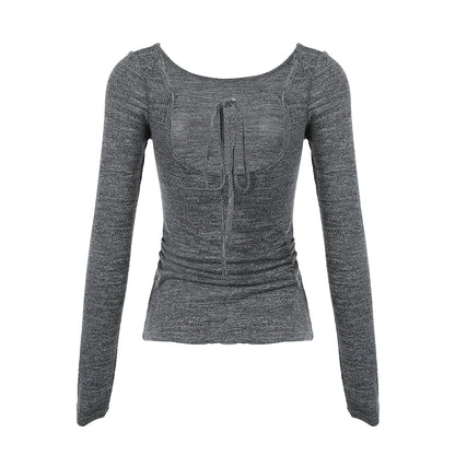 Causal Backless O-neck Blouses Long Sleeve Simple Slim All-match S Clothes