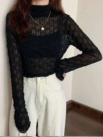 Lace Mesh High Collar Bottom T-shirts Female Long Sleeve Autumn Style Tight Thin Tops T-shirts Clothes
