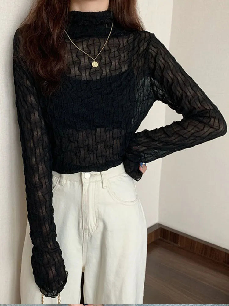 Lace Mesh High Collar Bottom T-shirts Female Long Sleeve Autumn Style Tight Thin Tops T-shirts Clothes