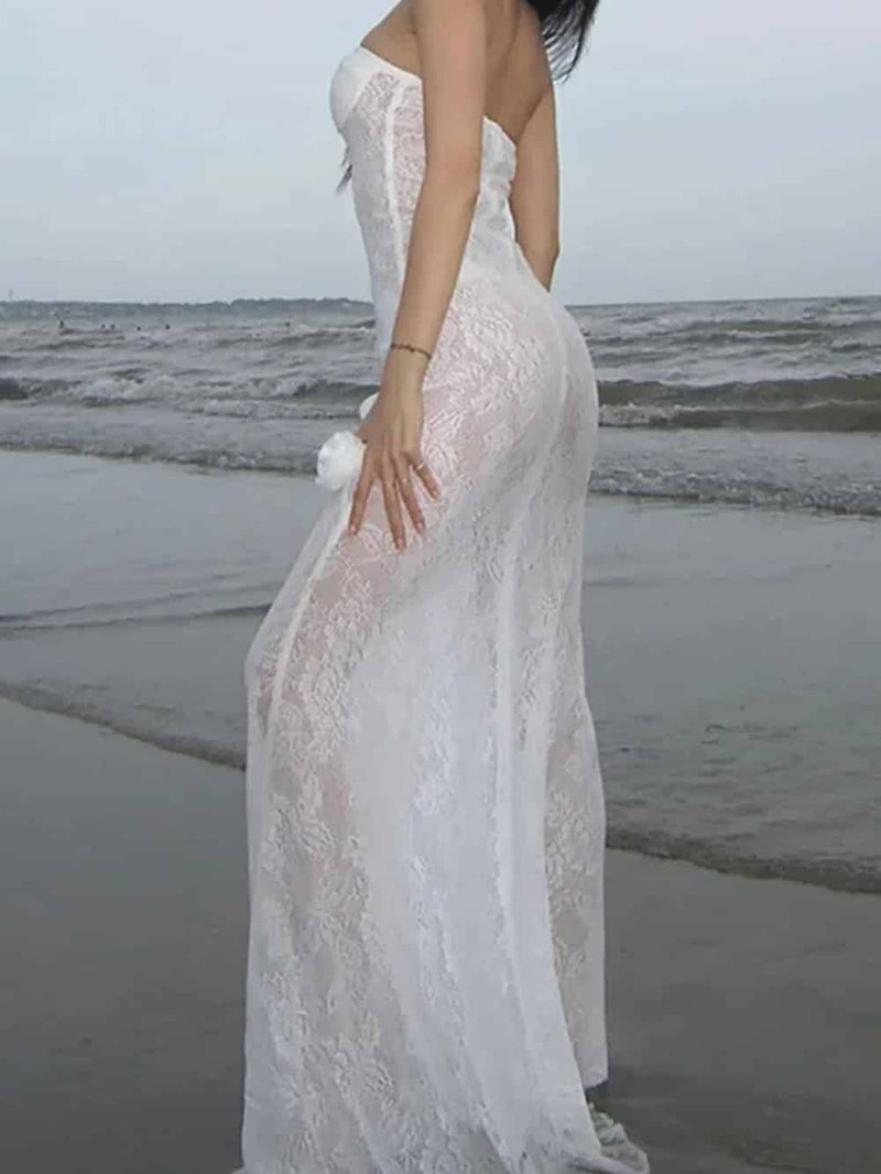 3d Flower Decor Lace Fishtail Hem See Through Strapless Maxi Dress