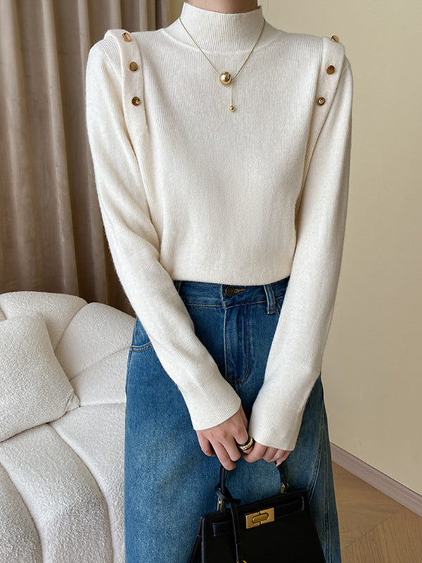Grey High-neck Buttoned Decor Long Sleeve Knit Sweater An1050