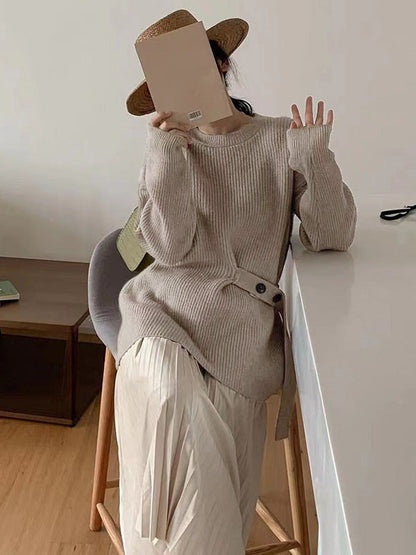 Green Round-neck Bandage Long Sleeve Knit Sweater An1036