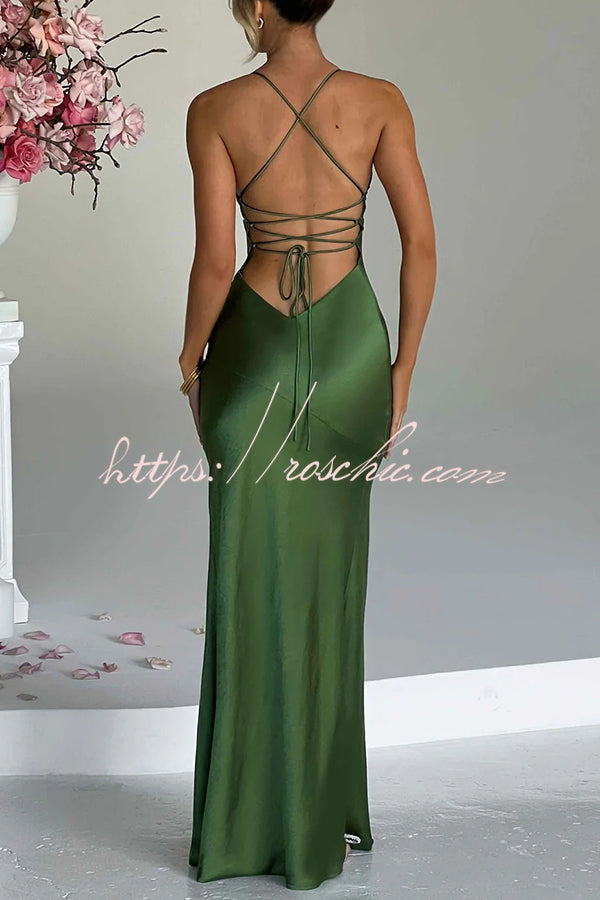 Satin Color Backless Lace Up High Slit Maxi Dress