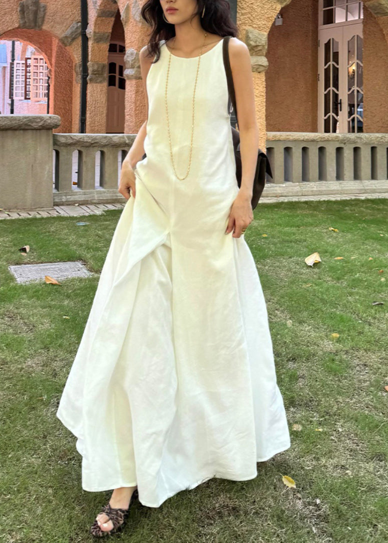 Simple Style White O Neck Cotton Long Dress Sleeveless Ee051