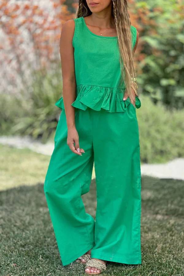 Cotton and Linen Color Sleeveless Top \u0026 Wide Leg Pants Two-piece Set