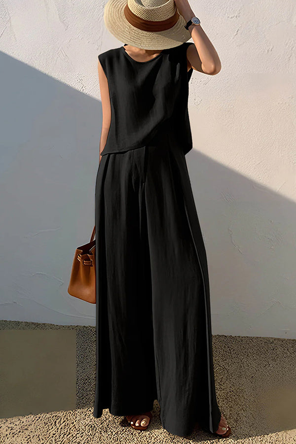 Linen Blend Round Neck Sleeveless Top and Loose Wide-leg Pants Set