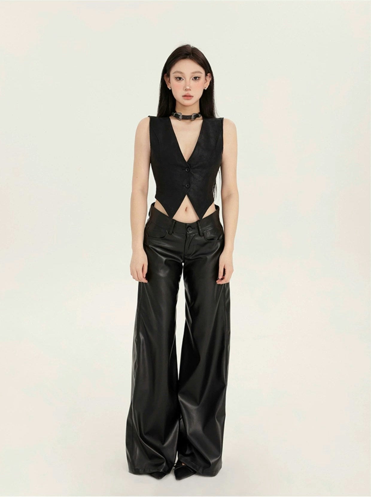 Black Wide-leg Leather Pants