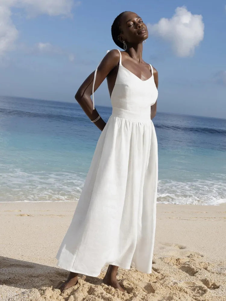Lace-up Backless Long Dress Female High Waist Halter Dresses Holiday Beach Slim Bandage Maxi Dress