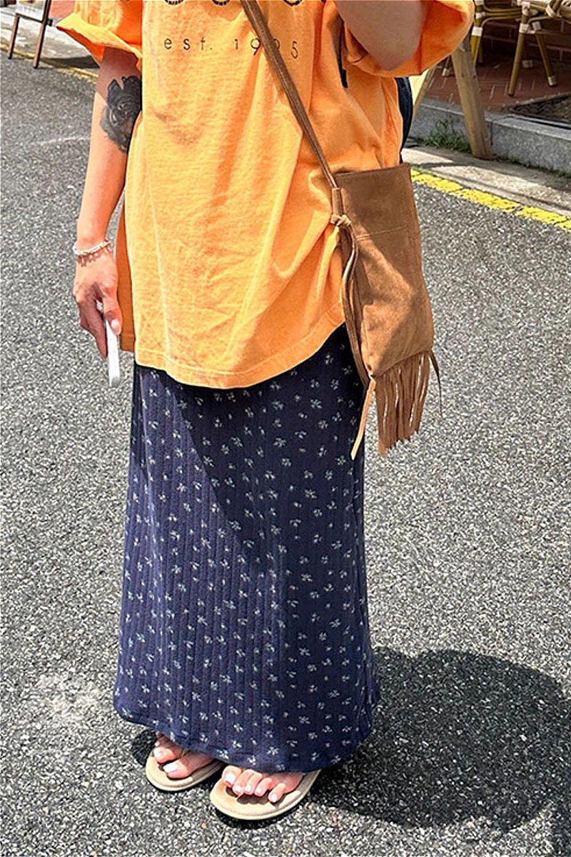 Drawstring Print Navy Skirt
