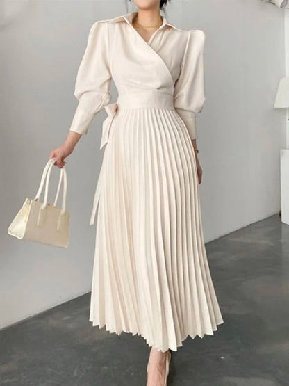 Office Pleated Asymmetric Color Lapel Maxi Dresses