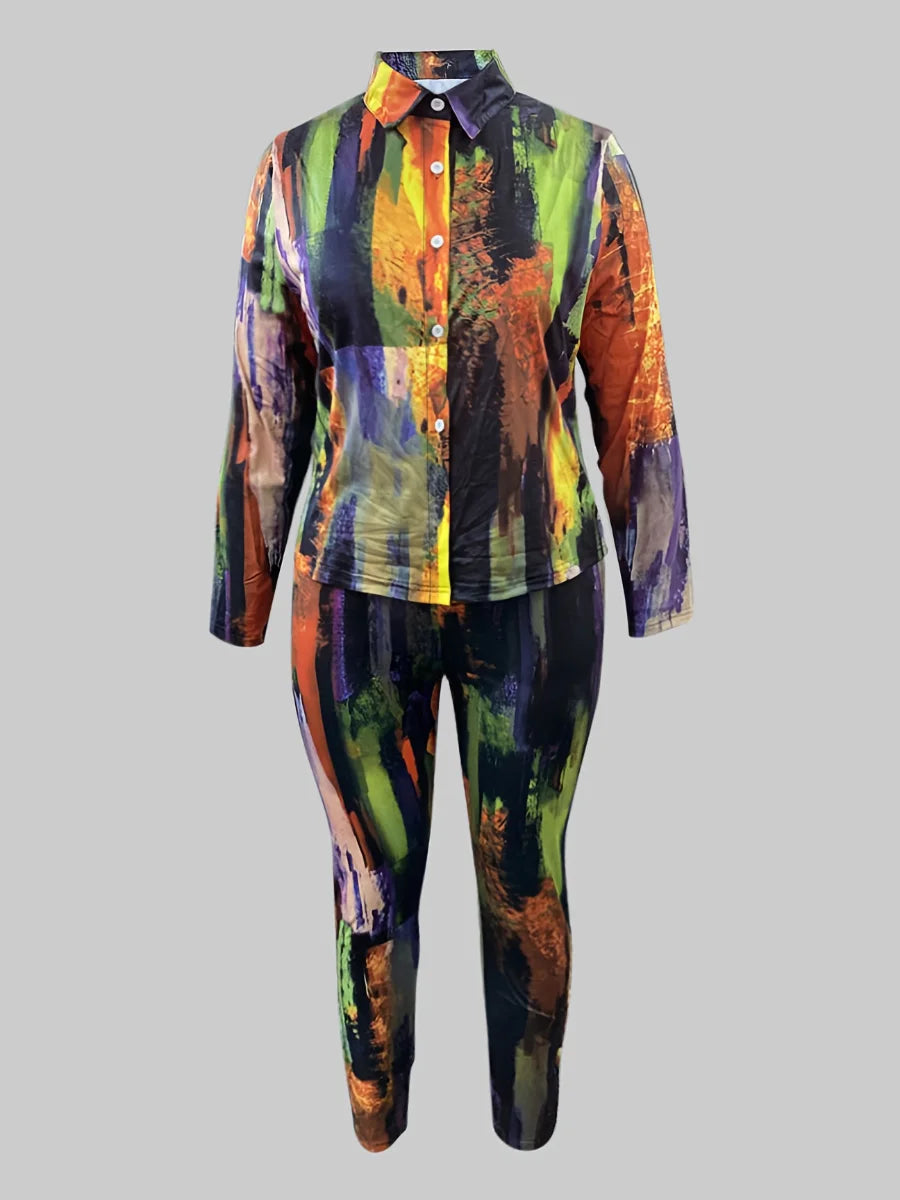 Tie Dye Regular Fit Pants Set Shirt Collar Gradient Print Pattern Two Piece Outfit Matching Suit for