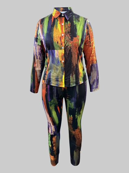 Tie Dye Regular Fit Pants Set Shirt Collar Gradient Print Pattern Two Piece Outfit Matching Suit for