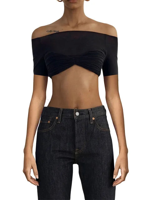 Short Sleeve Mesh Top Shirt for Off-shoulder See-through Knit Pullover Summer Sheer New T-shirt